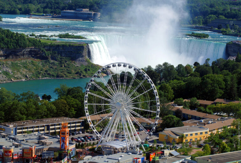 Niagara Falls Skywheel, arieal shot of niagara falls with a view of clifton hill