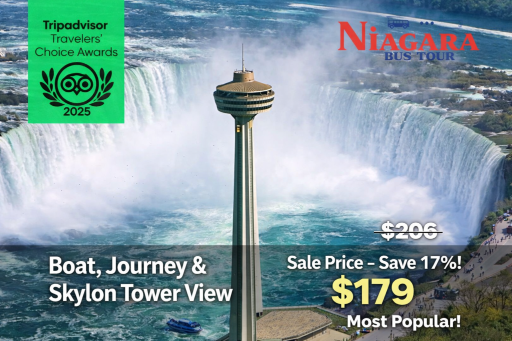 Best Niagara Falls Bus Tours Canada – Complete experience with boat cruise, Journey Behind the Falls and Skylon Tower view in 2026