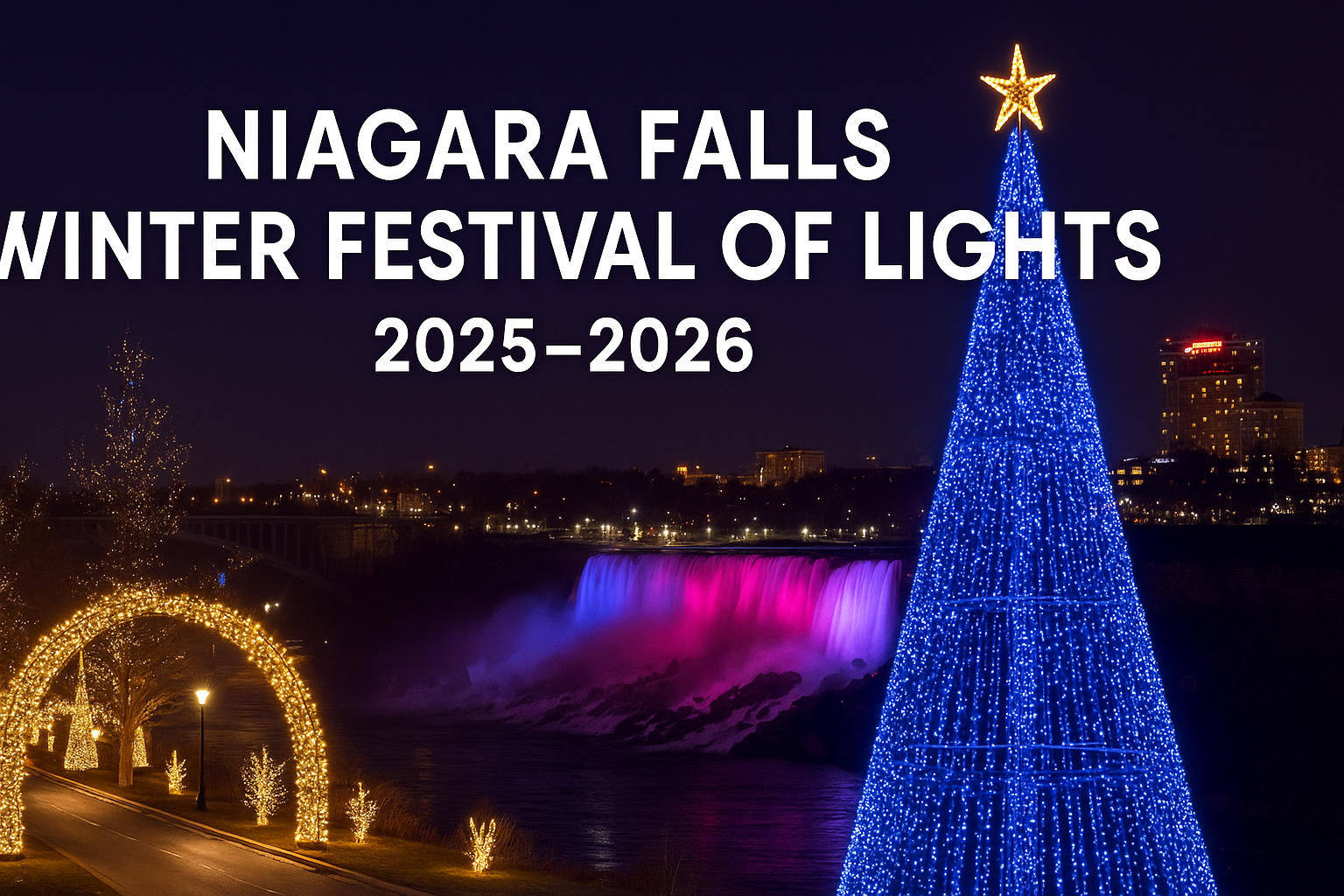 Niagara Falls Winter Festival of Lights 2025–2026 with illuminated waterfalls, glowing light displays, winter decorations, fireworks, and scenic night views along Niagara Parkway.