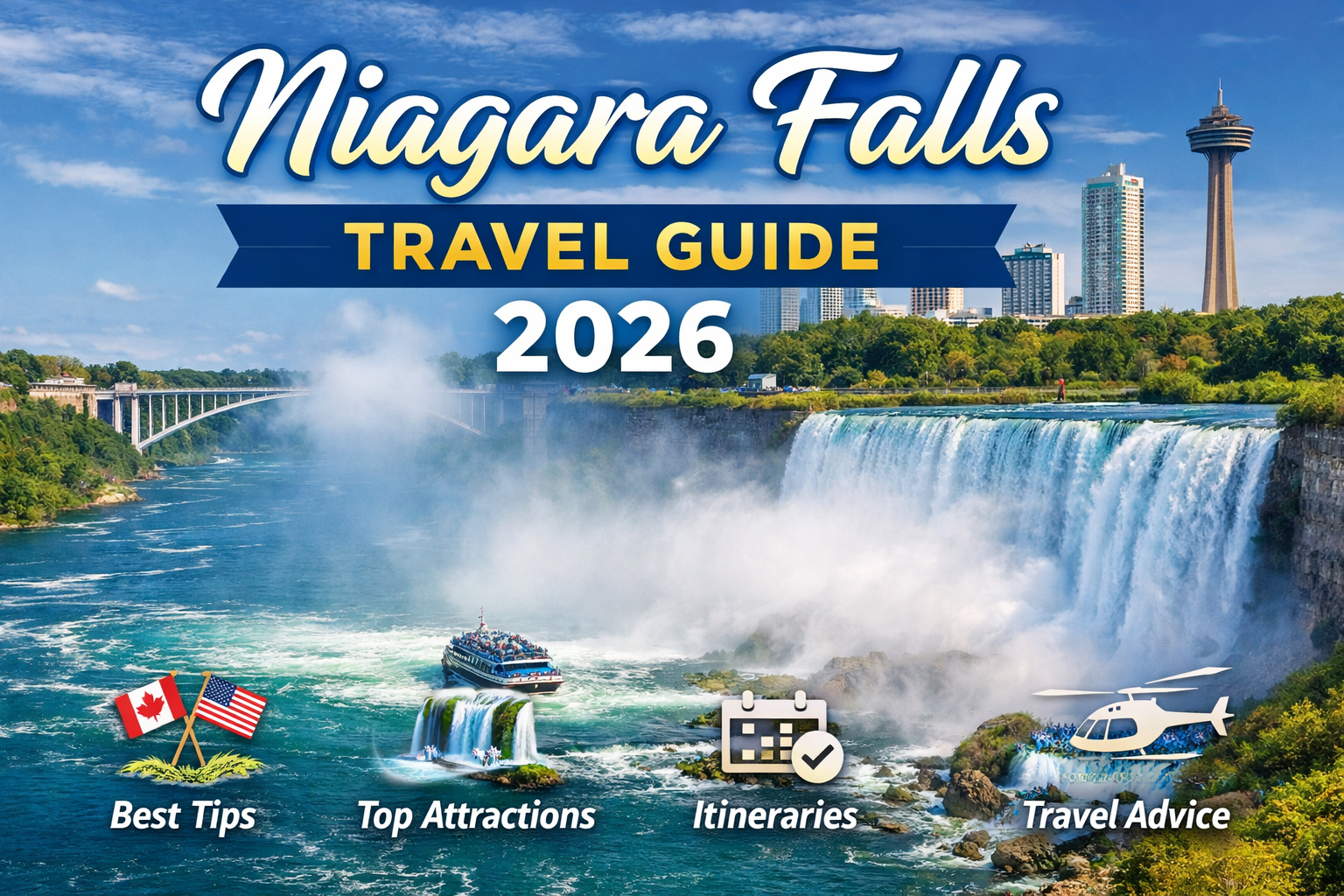 Niagara Falls Travel Guide 2026 feature image showing Horseshoe Falls, American Falls, a boat tour in the mist, Skylon Tower, and Rainbow Bridge.