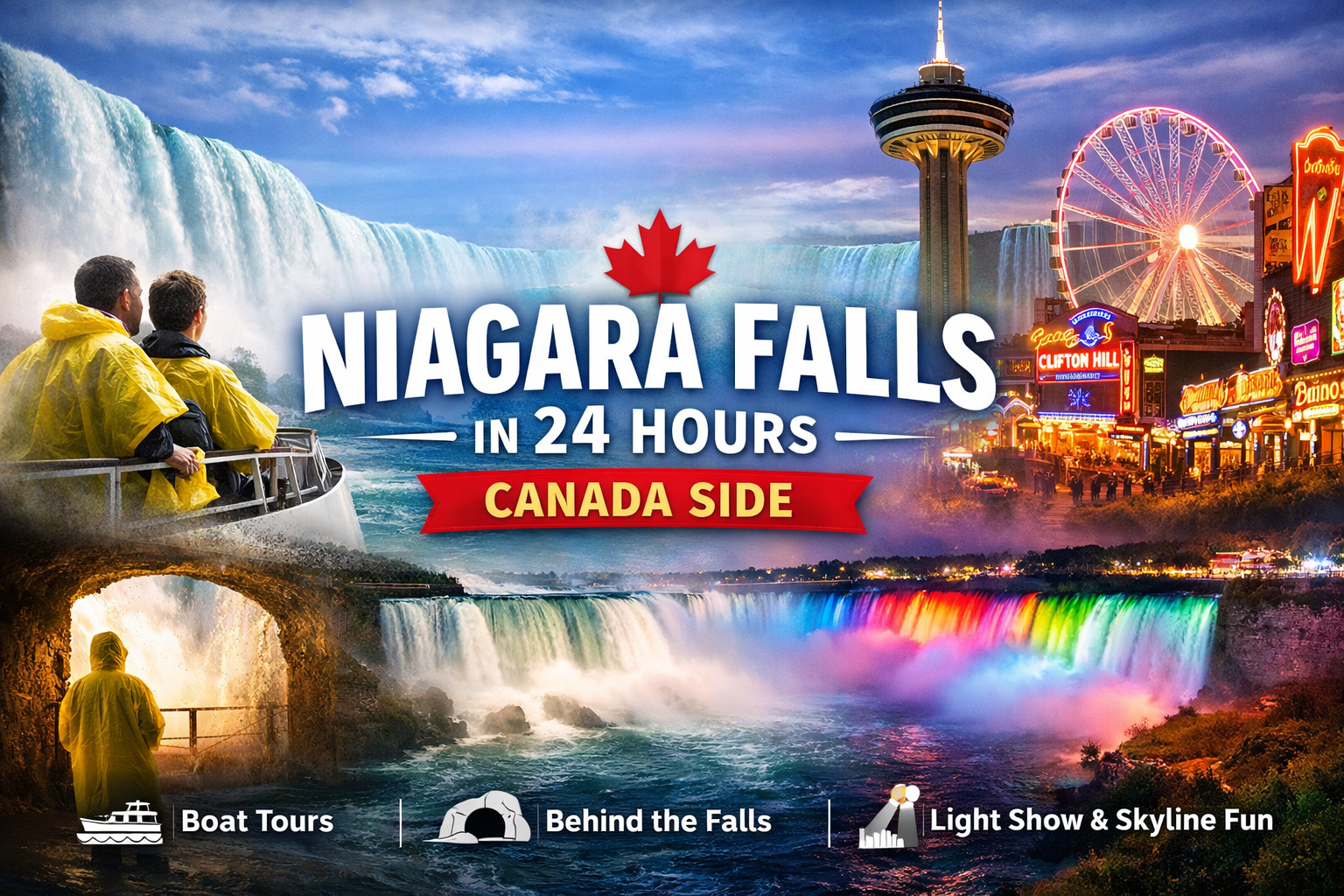 Niagara Falls in 24 Hours Canada Side 2026 featuring Horseshoe Falls, Hornblower boat cruise, Skylon Tower, Clifton Hill and the illuminated night light show