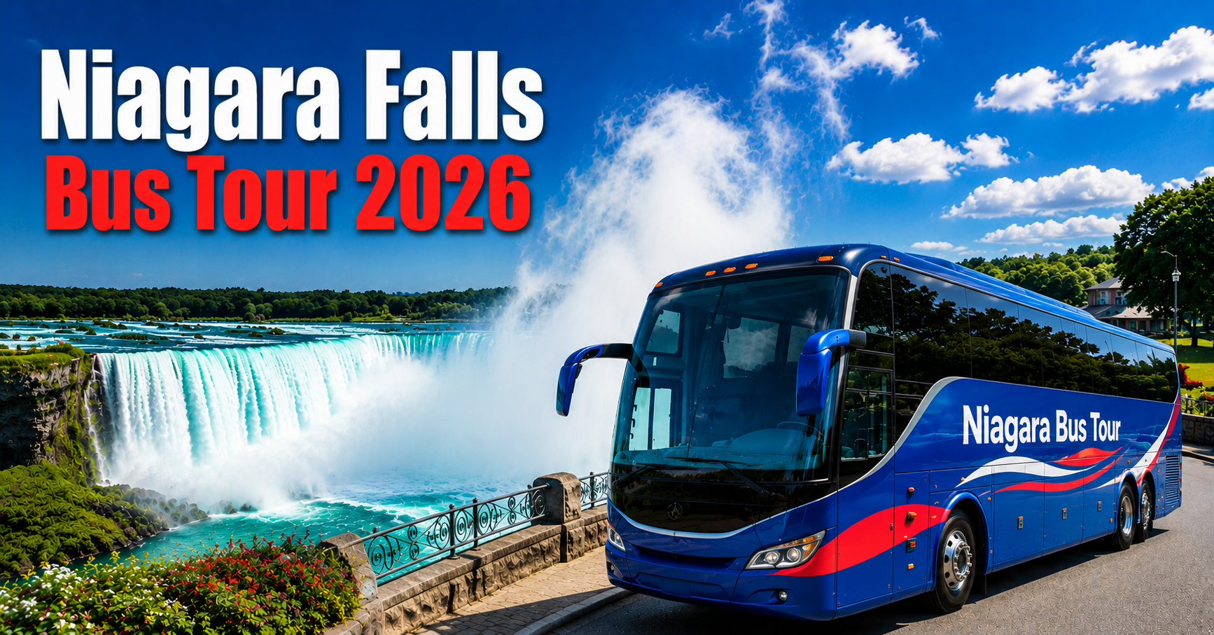 Niagara Falls Bus Tour 2026 sightseeing coach overlooking Horseshoe Falls on the Canadian side in Niagara Falls, Ontario