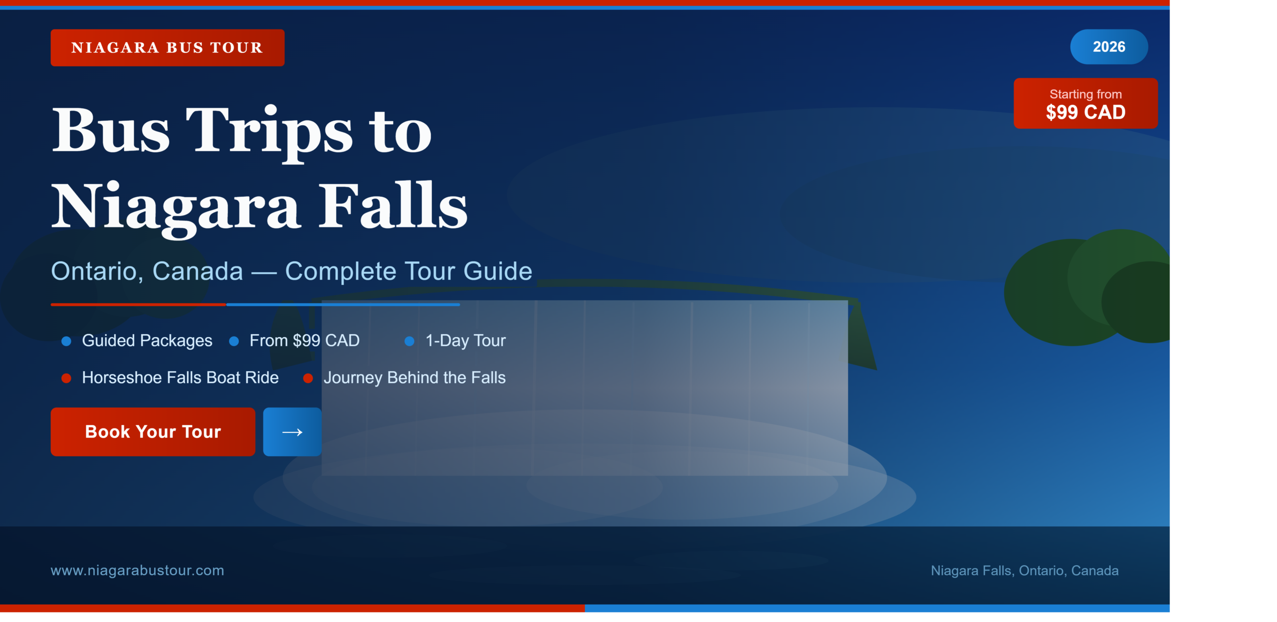 Bus trips to Niagara Falls Canada — guided tour packages with views of Horseshoe Falls, Ontario